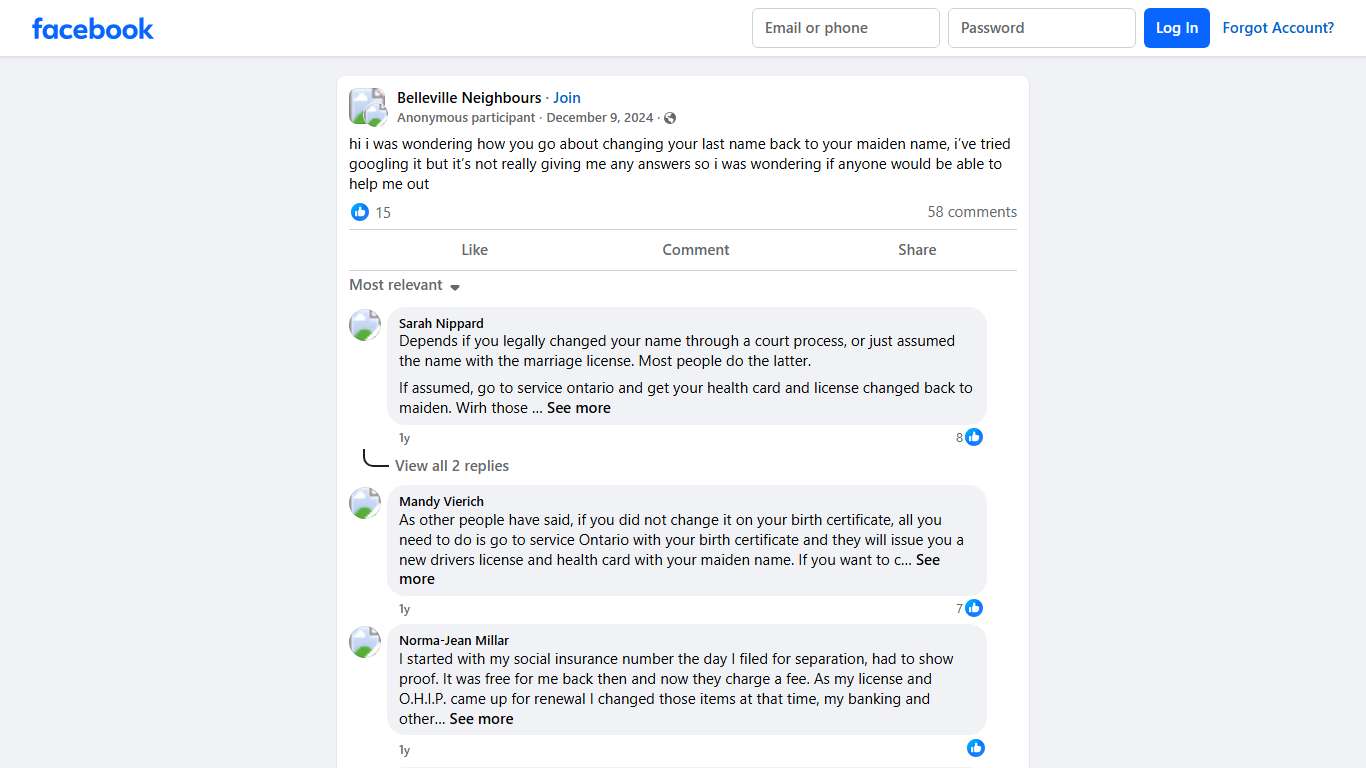 Belleville Neighbours hi i was wondering how you go about changing your last name back to your maiden name, i’ve tried googling it but it’s not really giving me any ans... Facebook